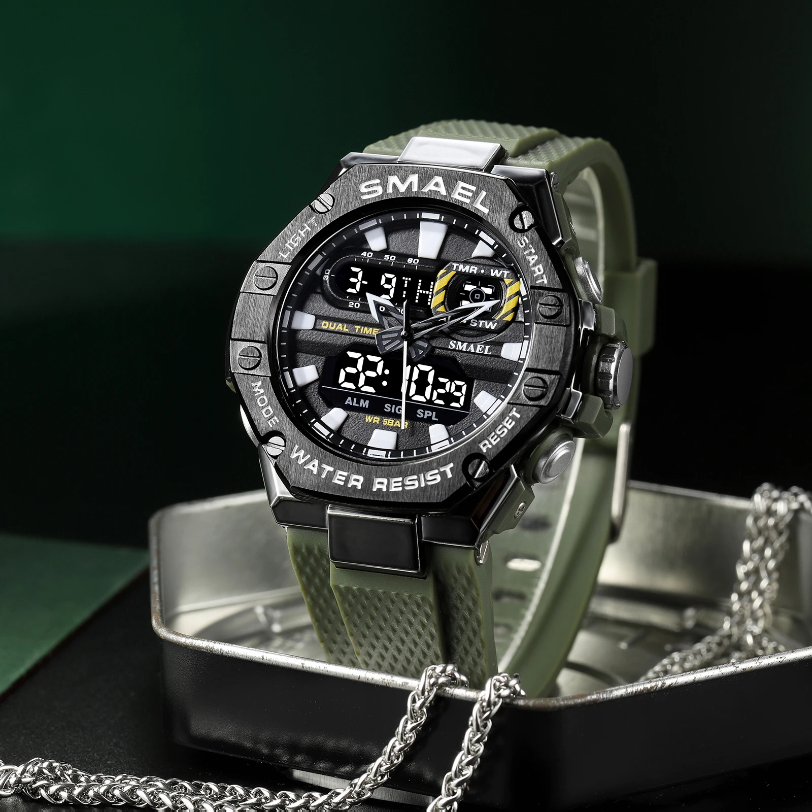 SMAEL 스포츠 시계 남성용 듀얼 타임 시계 Led 라이트 시계 알람 8066 패션 스포츠 시계 밀리터리 S Shiock 손목 시계