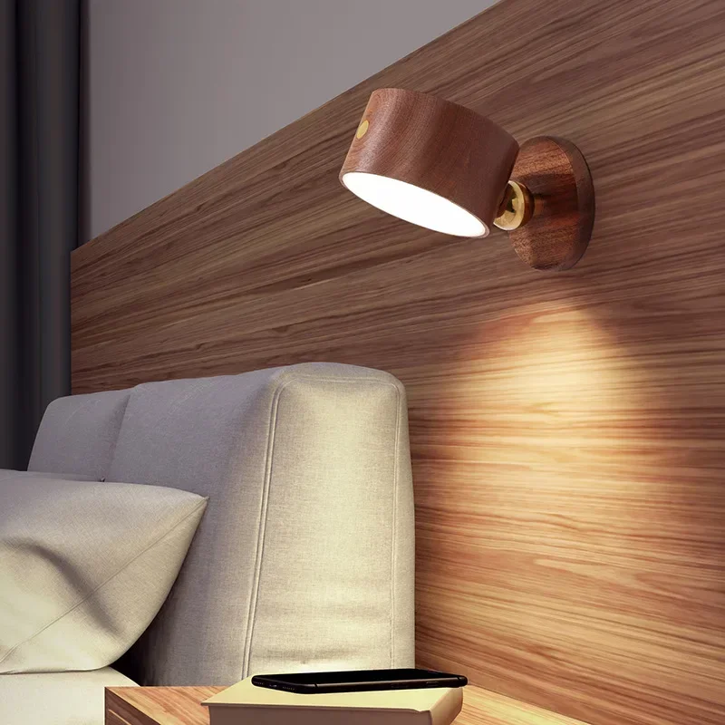 DurableNew Wooden Home Bedroom Bedside Wall Lamp USB Rechargeable Magnetic Suction Turn Corridor Lamp Beech