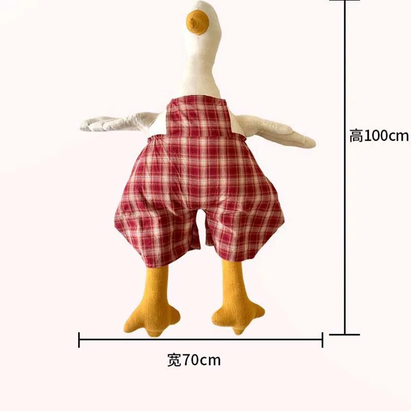100cm Large Linen Goose Plush Doll Wear Plaid Overalls Stuffed Big Goose Pillow Soft Animal Toy Home Decor Gift