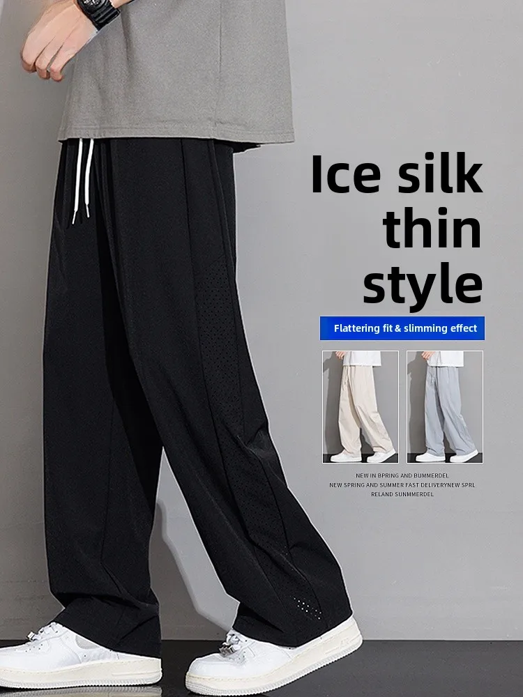

Мужские летние тонкие свободные дышащие брюки из ледяного шелка для повседневной носки, быстросохнущие, спортивные, прямые, модные, для молодежи...