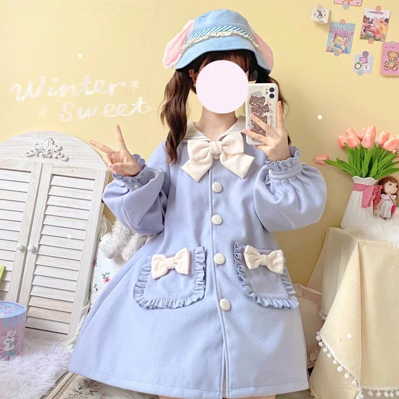 Japanese Preppy Style Winter Sweet Girl Coat Kawaii Sailor Collar Bow Cute Lantern Sleeve Single-Breasted Loli Woolen Outerweat