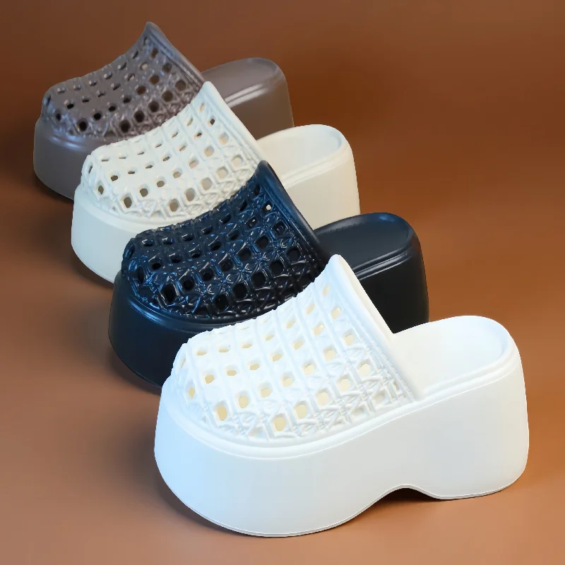 Image 7: Mules compensées épaisses à plateforme de 7 cm pour femme, perforées et respirantes, rehaussant la silhouette, parfaites pour l'été