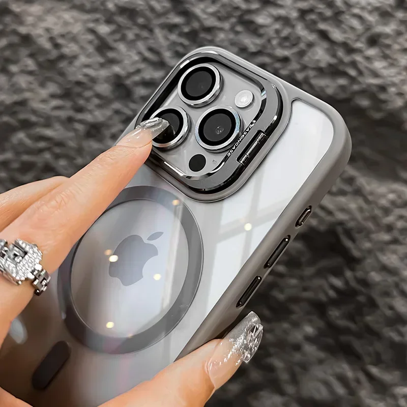 Metal Camera Protection Ring Lens Stand Magnetic Clear Case For Apple iPhone 16 15 14 13 12 11 Pro Max Plus Cover With MagSafe