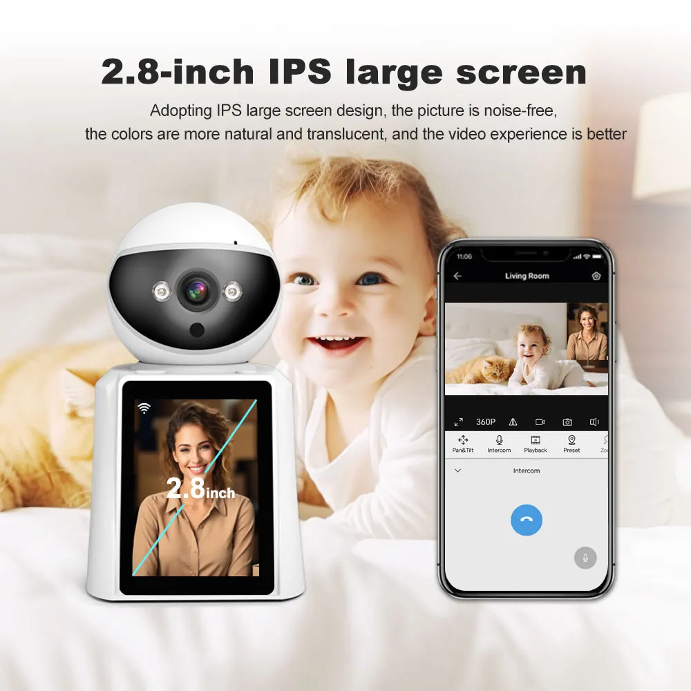 

Srihome 2.8Inch IPS Screen 2MP 1080P Video Phone Call Wireless PTZ IP Dome Camera AI Humanoid Detection Elder Baby Camera SH053