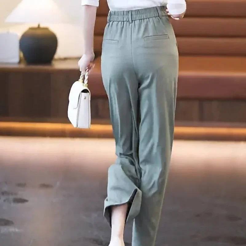 Women\'s Clothing Spring Autumn Solid Color Button Zipper High Waist Pockets Casual Formal Trouser Suits Trousers Commuter Pants