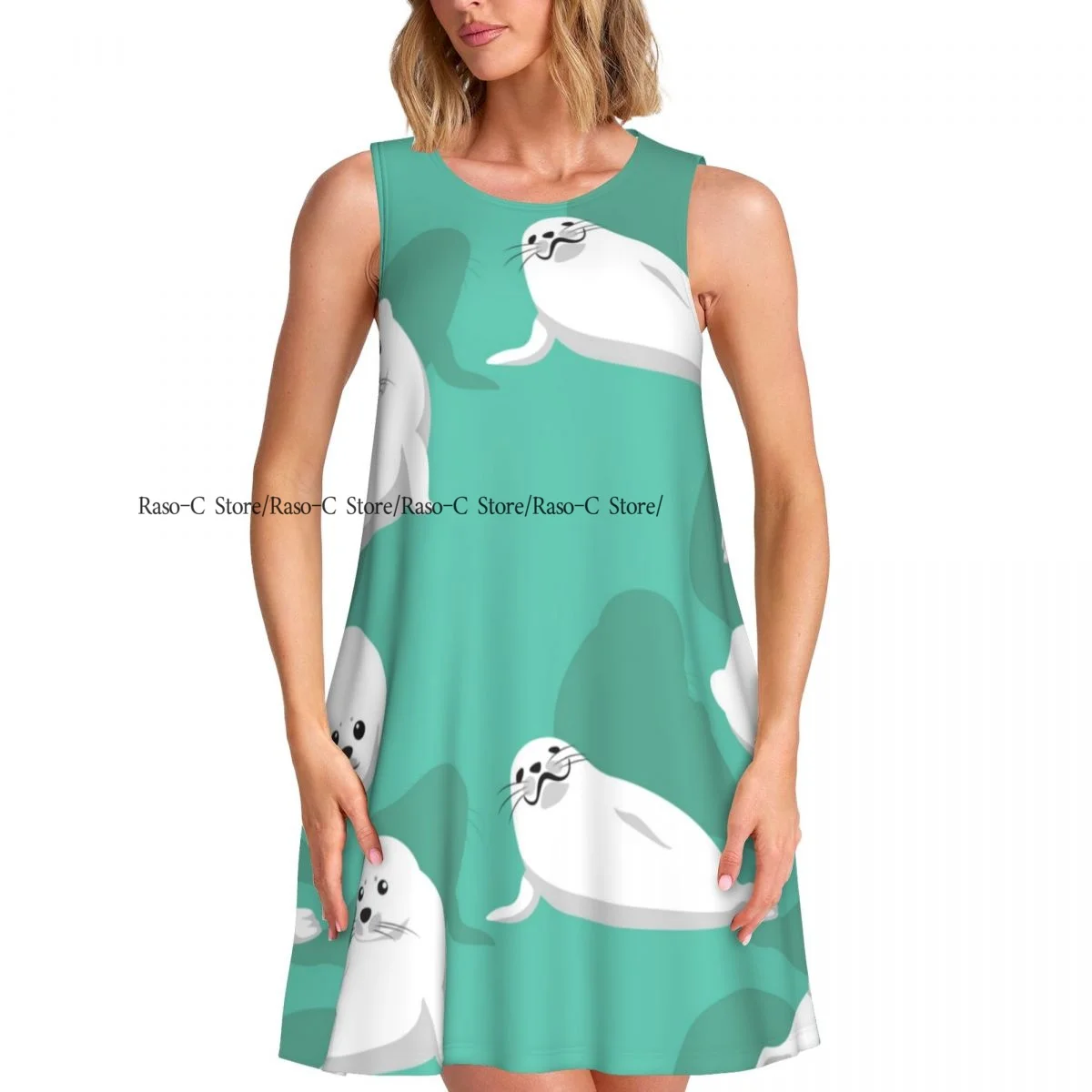 فستان نسائي Harp Seal Pup لطيف صيفي كاجوال تي شيرت لتغطية الشاطئ فستان بدون أكمام