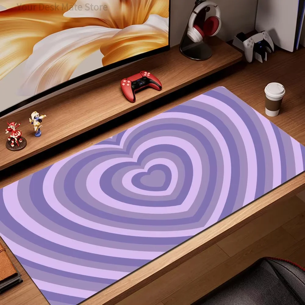 Pastel Purple Concentric Heart Striped Mouse Pad, Y2K Gradient Love Pattern Waterproof Non-Slip Extra Long Gaming Mat