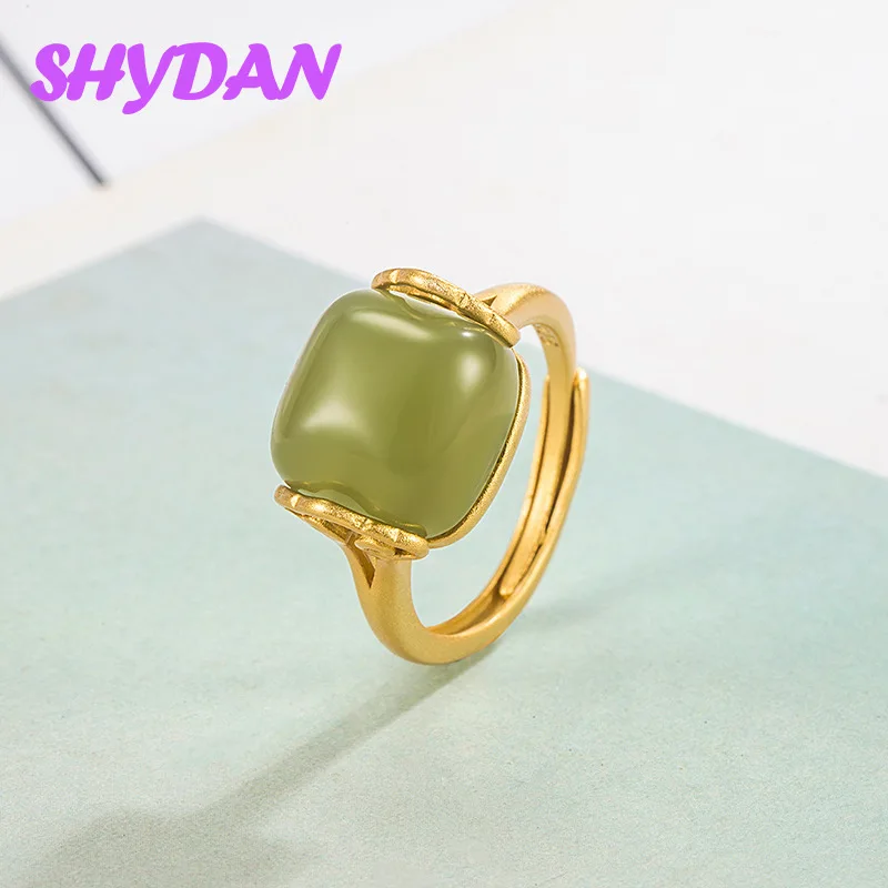 SHYDAN 925 Sterling Silber 18K Gold Retro Quadratischer Jade Verstellbarer Ring für Damen Modeschmuck
