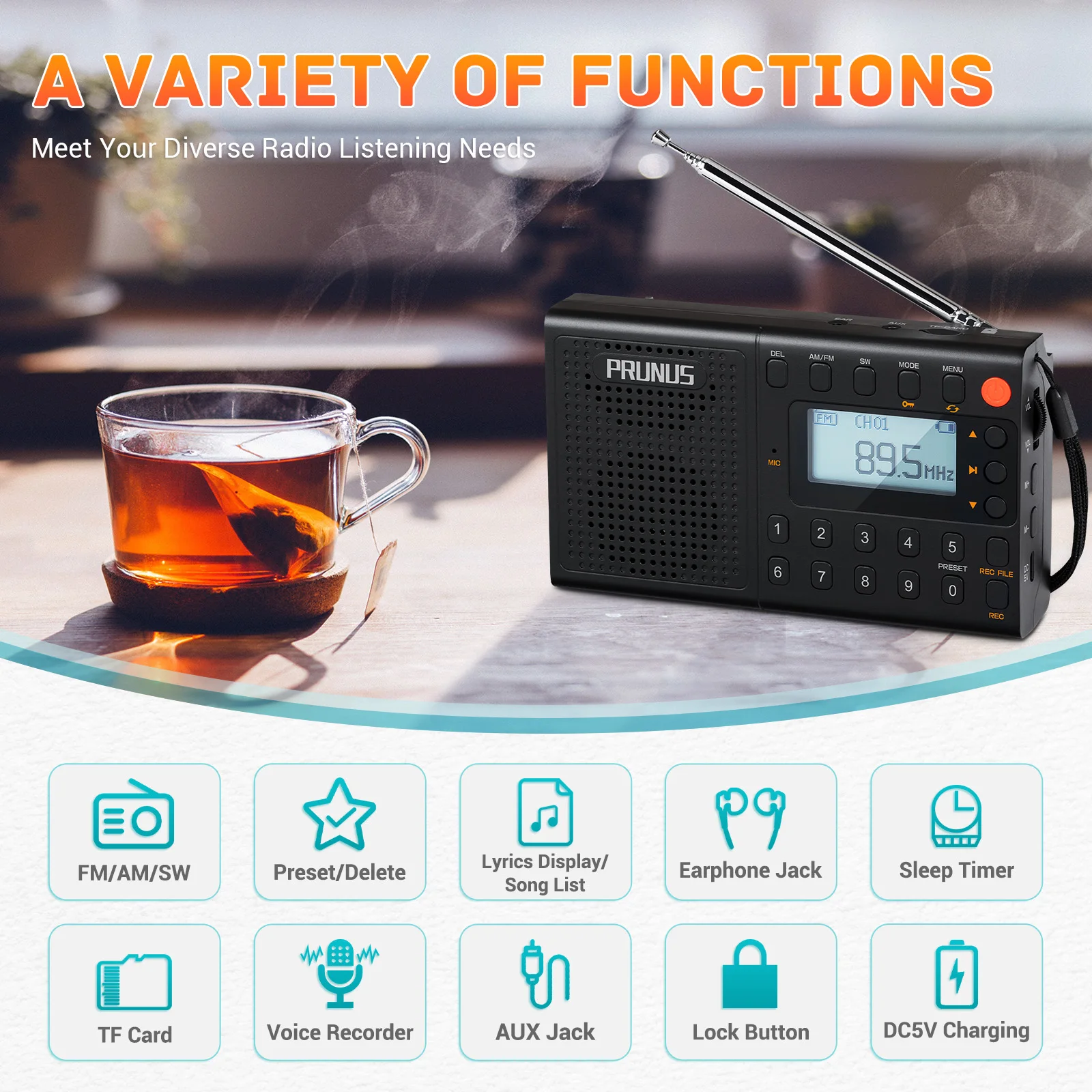 PRUNUS-reproductor Digital MP3 para J-401, Radio AM, FM, con tarjeta TF, AUX, altavoces con cable, receptor de Radio recargable portátil