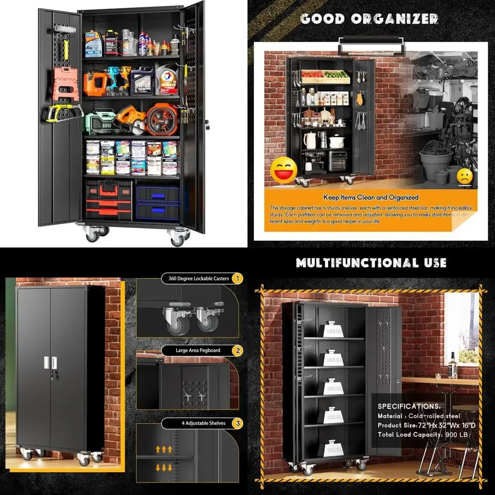 ตู้เก็บของโลหะแบบมีล้อ ขนาดสูง 72 นิ้ว 2 ประตู ชั้นวางปรับได้ ทำจากเหล็กสีดำ สำหรับจัดระเบียบโรงรถ