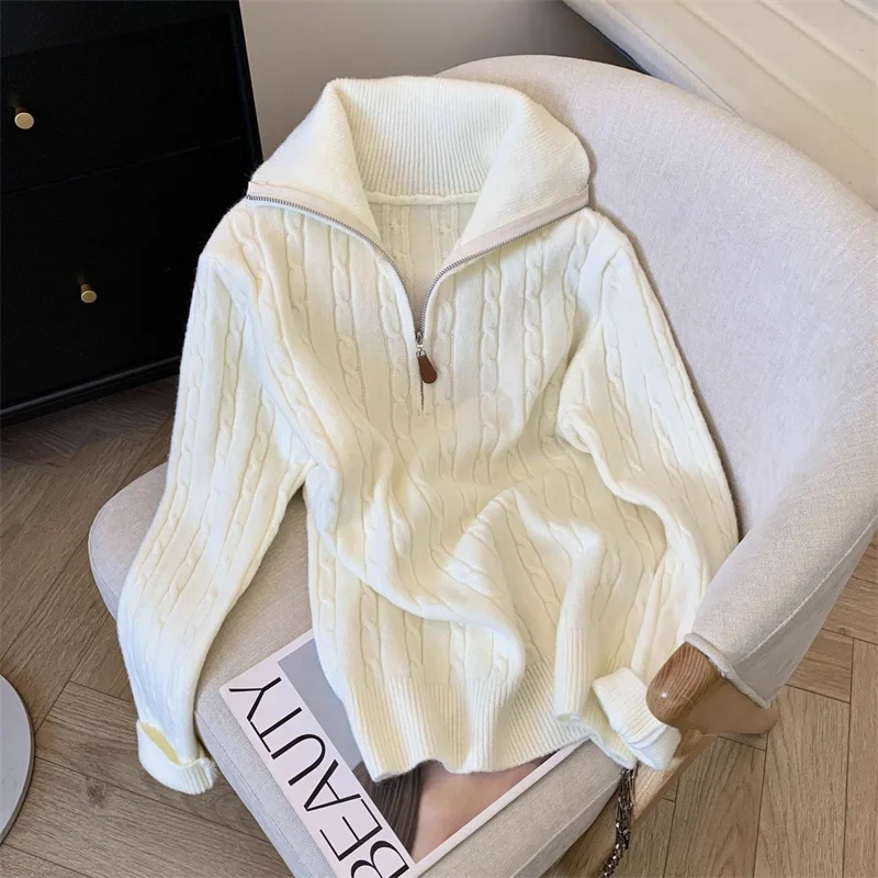 Otoño señoras suéter de manga larga chaqueta coreana mujer jersey de punto Jumper 2025 mujeres moda media cremallera Tops de punto
