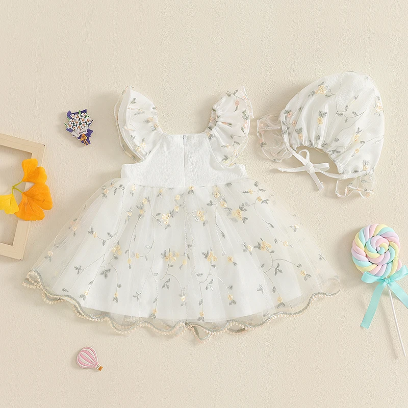 Baby Girl Dress Sets Floral Embroidery Tulle O Neck Flying Sleeve Elegant Cute Dresses with Hat image 3