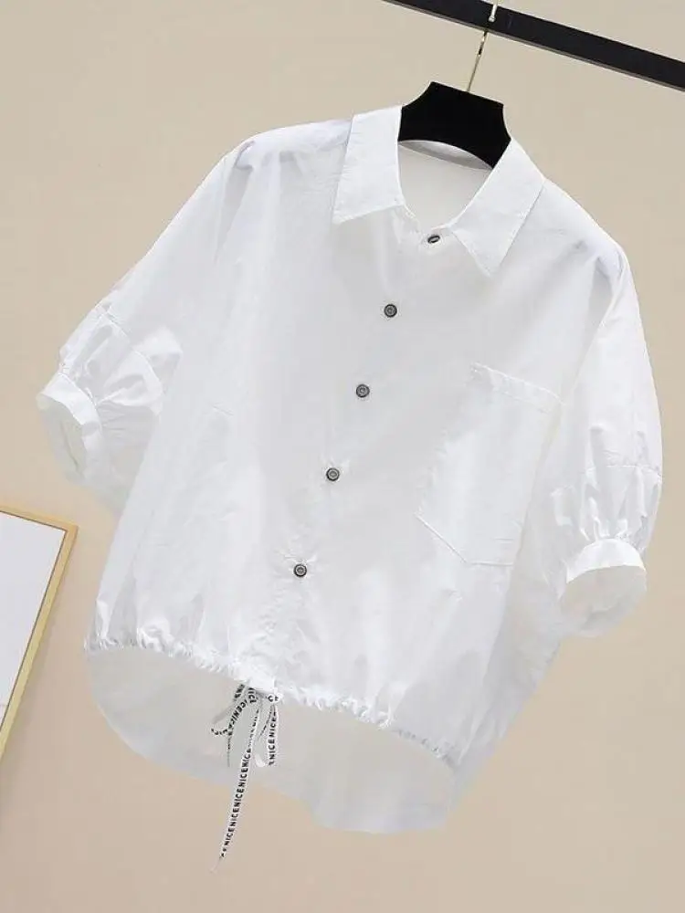 

Летняя Новинка, рубашка с рукавами «летучая мышь» и карманами, женская Свободная Повседневная блуза с коротким рукавом, однотонные топы на шнуровке, женские рубашки средней длины, уличный тренд