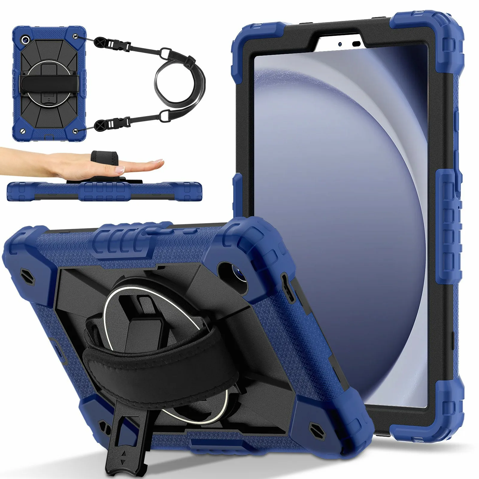 

For Samsung Galaxy Tab A11 Case Silicone + PC Kickstand Tablet Cover with Handy Strap - Navy Blue / Black