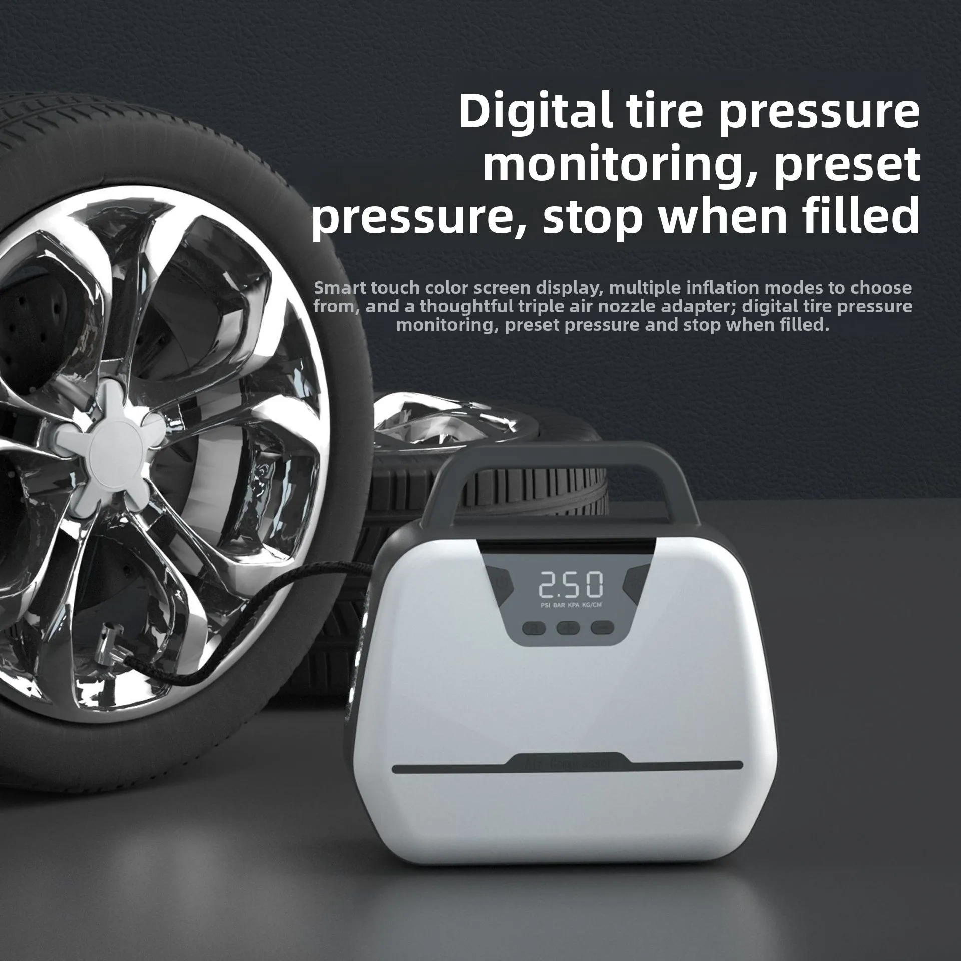 

Digital Display AV/DC Vehicle Air Compressor - Dual-Purpose Portable Tire Inflator Pump