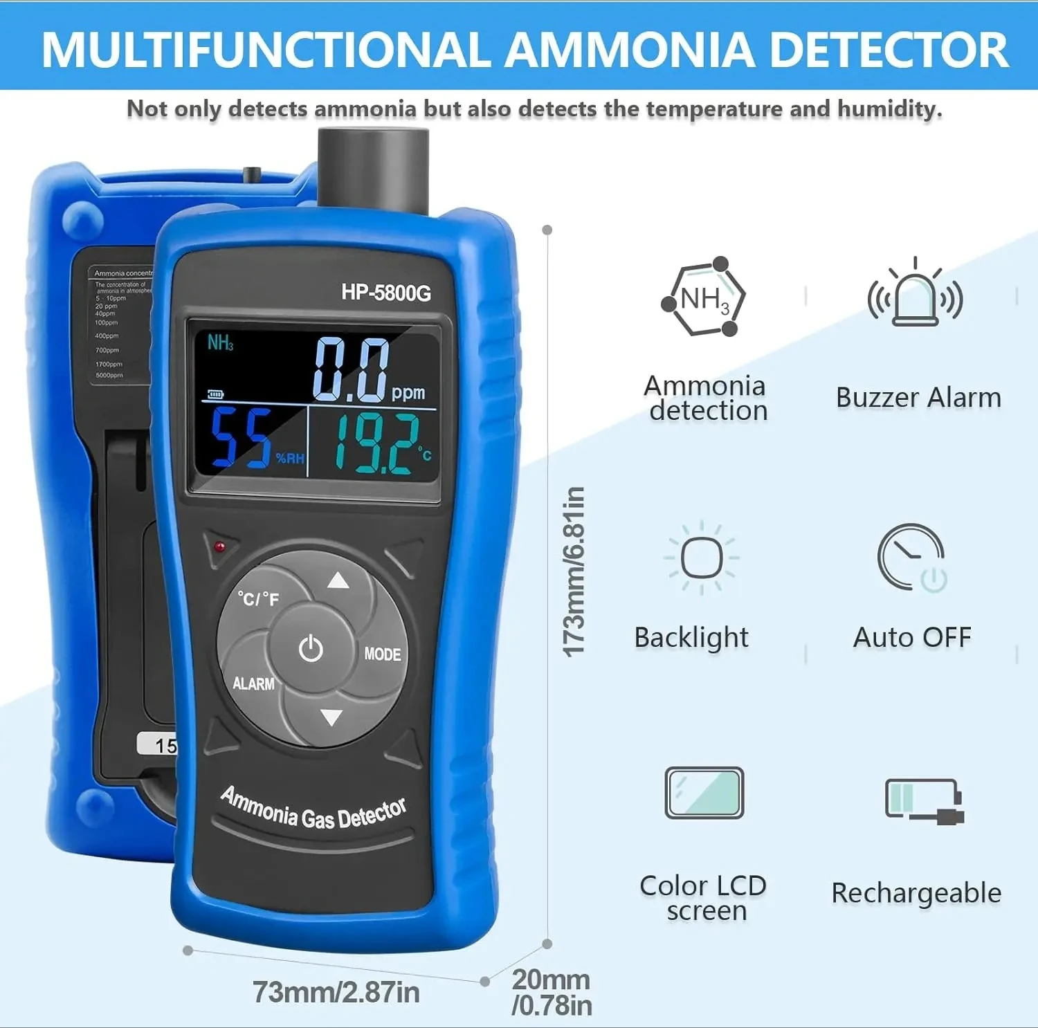 Portable Ammonia Gas Detector NH3 Monitor 0~100PPM Acoustic Visual Alarm Professional Gas Meter for Farm Poultry