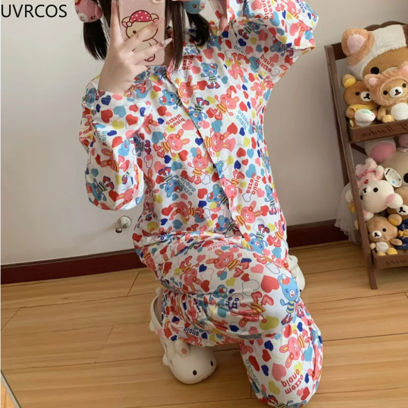 Japanese Cute Lolita Pajamas Sets Girls Sweet Cartoon Print Shirt Top Casual Loose Pants Women Kawaii Y2k Home Clothes Nightgown