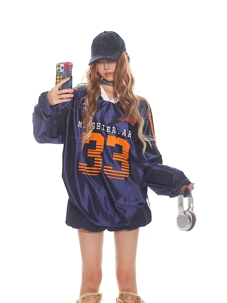 جديد الأمريكية الرجعية التباين اللون قميص رياضي بأكمام طويلة تي شيرت Y2K عادية فضفاض مخطط زوجين البلوفرات القمم الشارع الشهير