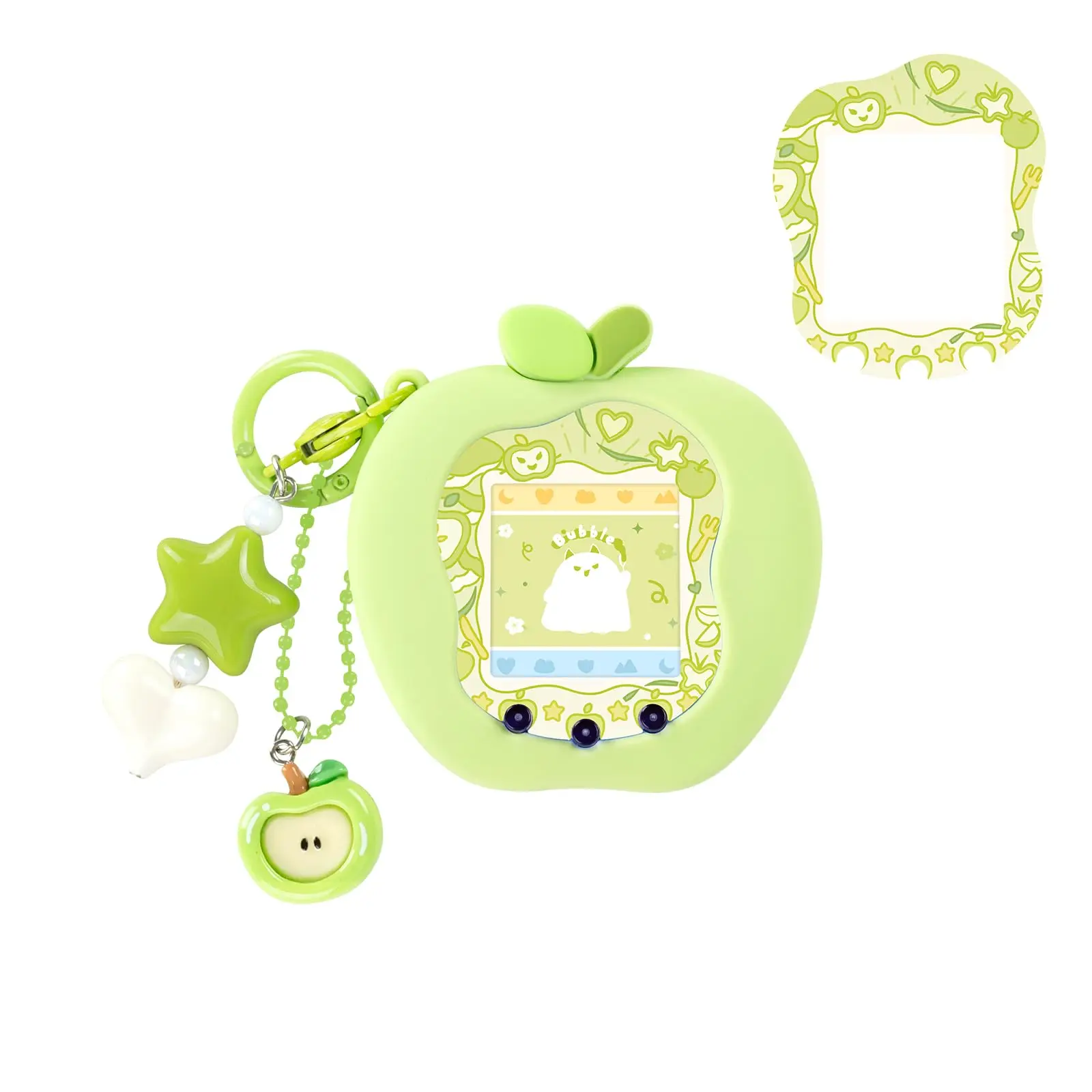 Rode en groene siliconen hoes voor de Tamagotchi Uni – schattige, zachte TPU-beschermhoes met sticker voor de voorkant en een decoratief element.