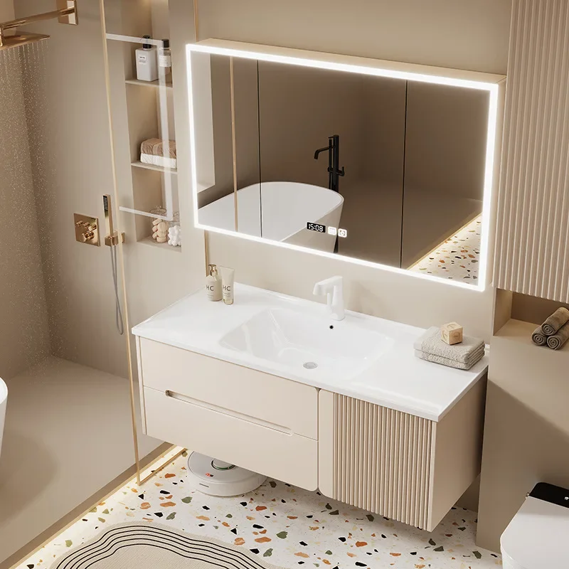 

French Smart Bathroom Cabinets Ceramic Integrated Washbasin Solid Wood Bathroom Vanity Cabinet with Sink Bathroom Furniture