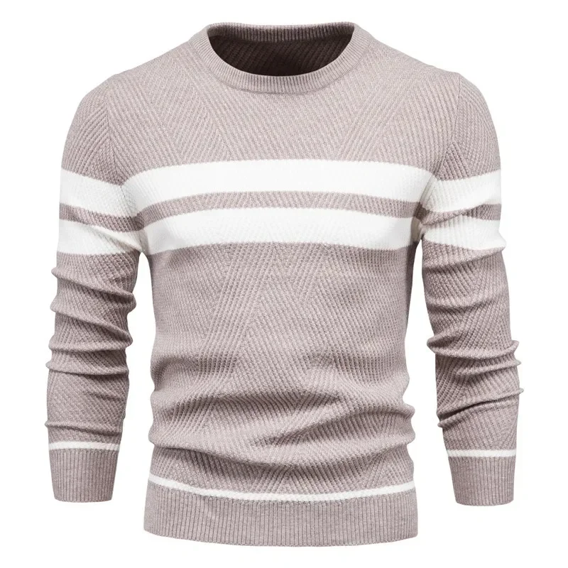 Jerséis de moda para hombre, suéteres de punto con cuello redondo, Tops de manga larga, empalme a rayas, Top sencillo informal Regular para Otoño e Invierno