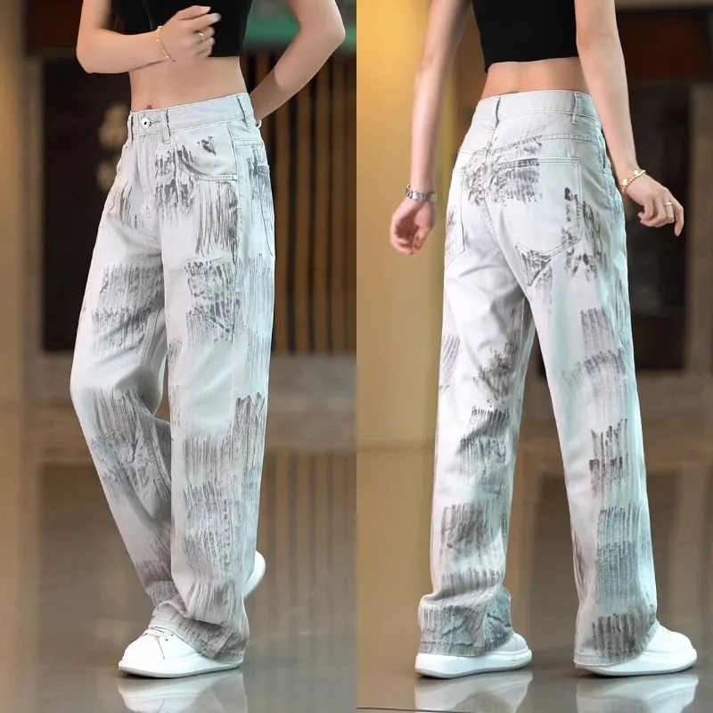 

Street Sle Men's Loose Straight Leg Jeans 2025 Design Splaed Ink Dir Denim Casual Long Pants Faionable Cotton Jeans