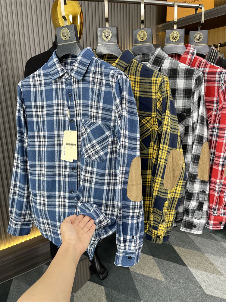 

Classic Men's Long Sleeve Shirt Suede Velvet Plush Texture Autumn Winter Collar Standard Fit Daily Wear Checkered Pattern