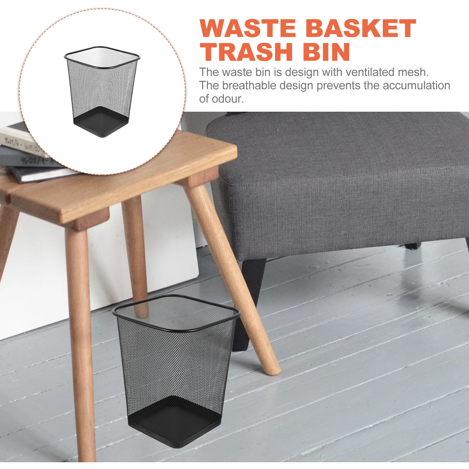 

Modern Metal Mesh Trash Can Bedroom Office Garbage Bin Black Wire Waste Basket Ventilated Odor-Resistant Iron Dustbin