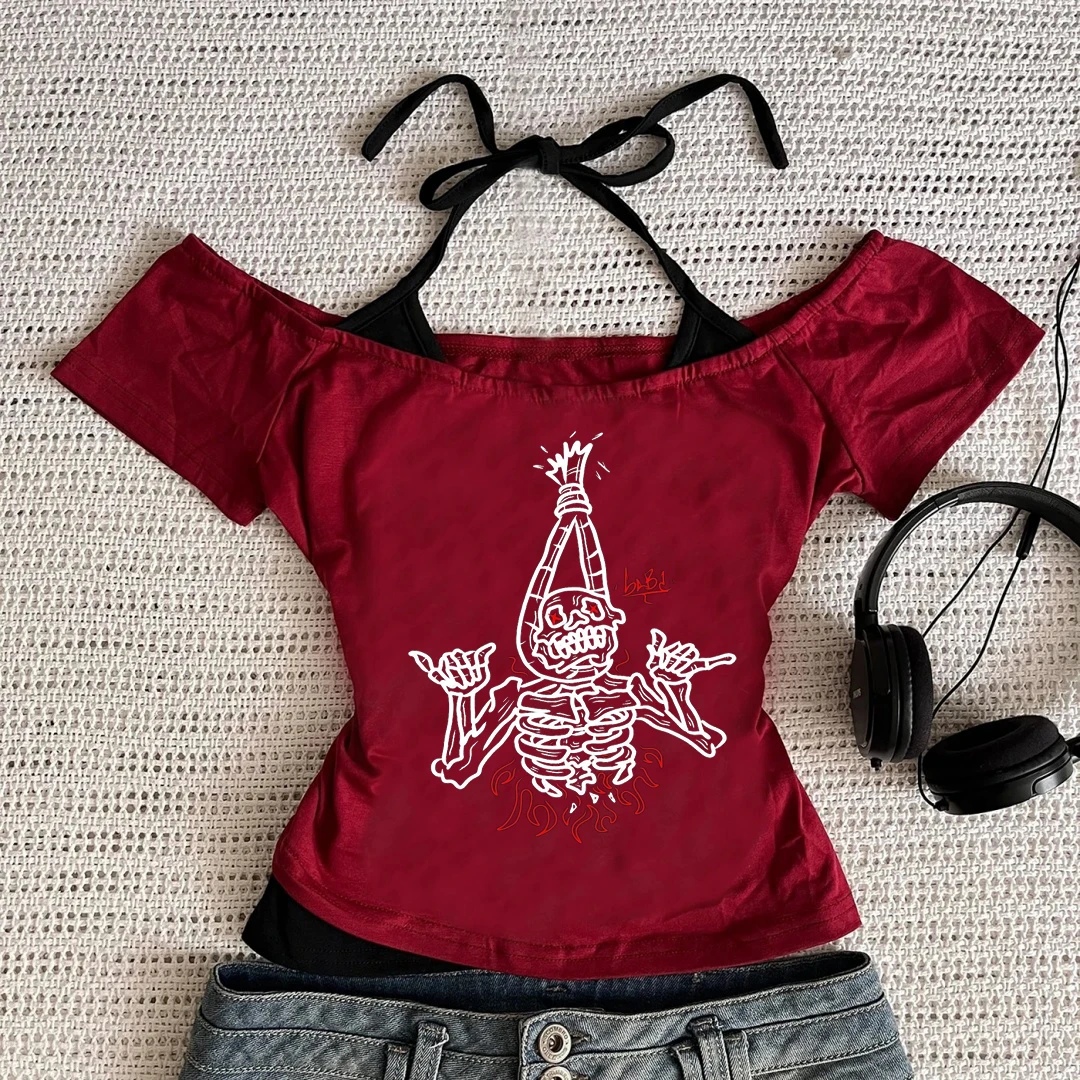 

90s Vintage Women's Punk T-Shirt Sexy Short Sleeve Casual Summer Streetwear Hotgirl Gothic Slim Crop Top Femme