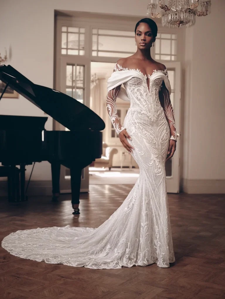 Maßgeschneidertes Luxus-Brautkleid mit Applikationen und Spitze im Meerjungfrauenstil, Abnehmbarer Schleppe, Schulterfreies Hochzeitskleid 2026 Vestido De Noiva – Detail 7