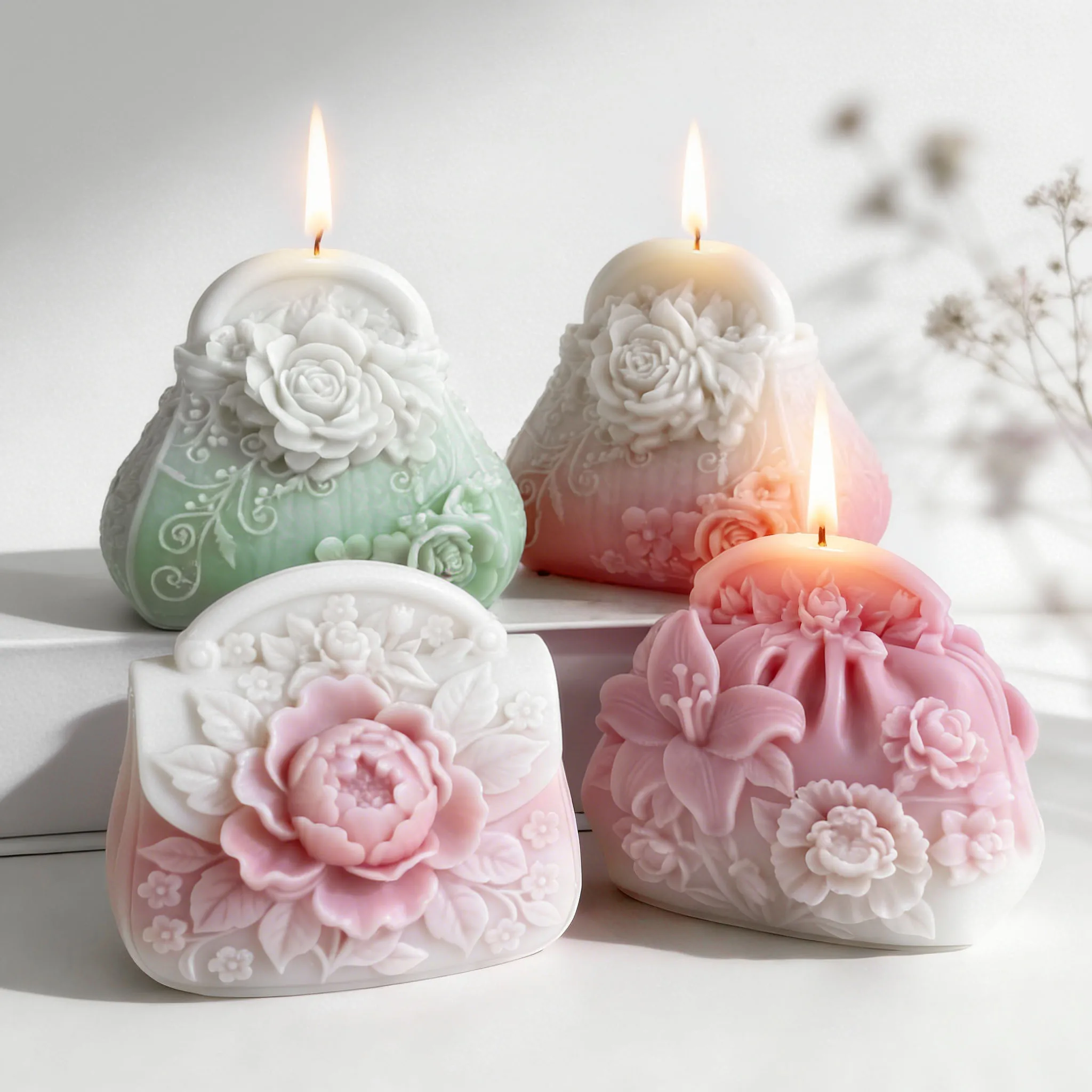 DIY Handbag Form Silicone Candle Mold Relief Rose Lily Flower Lady Purse Gypsum Ornaments Molds Handmade Aroma Candle Mould