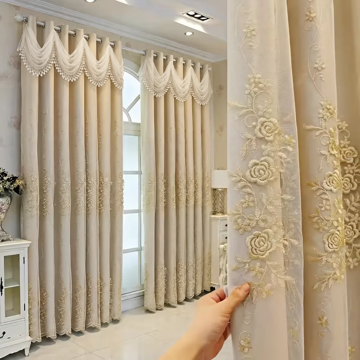 1pc Beige Double Layer Curtain Panel, Floral Embroidered Lace Sheer & Solid Drape, European Valance Window Curtain for Bedroom L