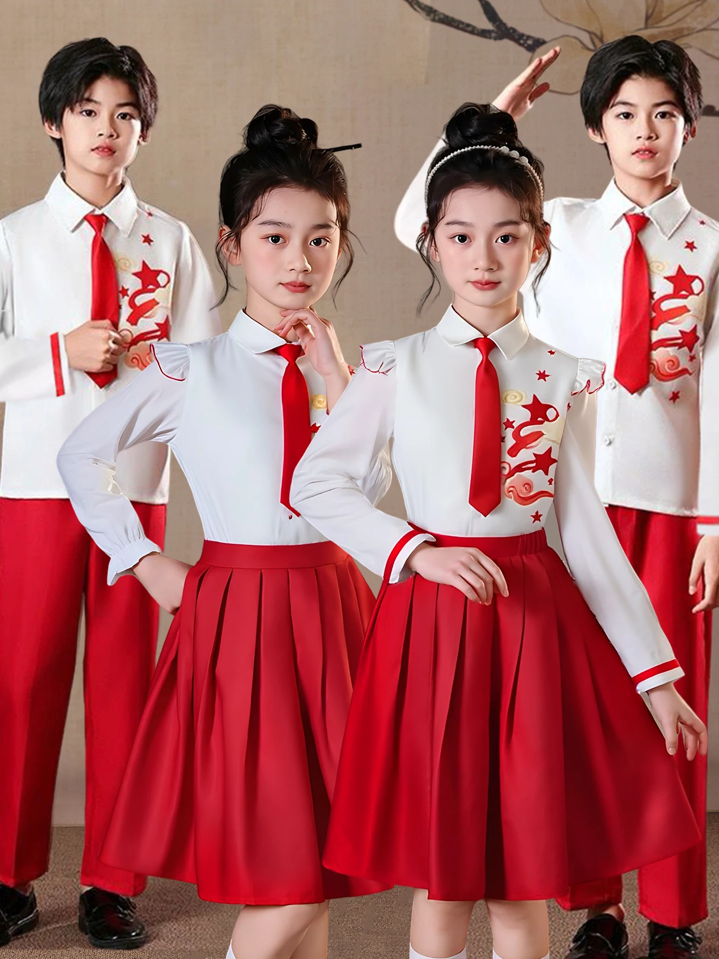 

Красный патриотический детский костюм для выступлений, для девочек, учащихся начальной и средней школы, для хоровых выступлений и конкурсов.