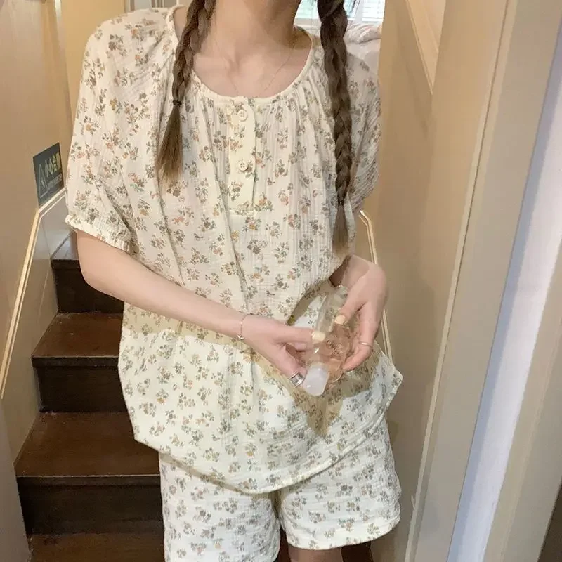 Floral Sleepwear Summer Women Pajamas Shorts Sets Korean Style Pijama Loungewear Two Piece Set Night Wear Button Home Suit 2024