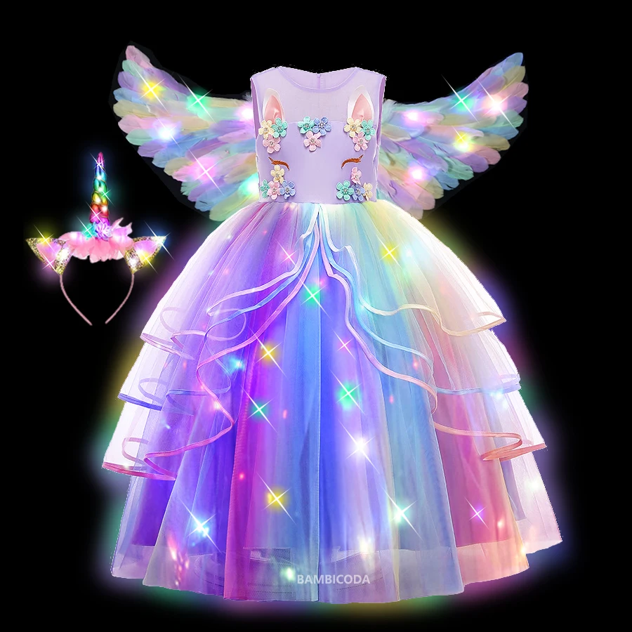 Vestido Tutu Brilhante de Unicórnio Pastel para Meninas, Vestido de Tule Infantil, Vestido de baile com fitas, Fantasia de festa infantil, LED Light Up