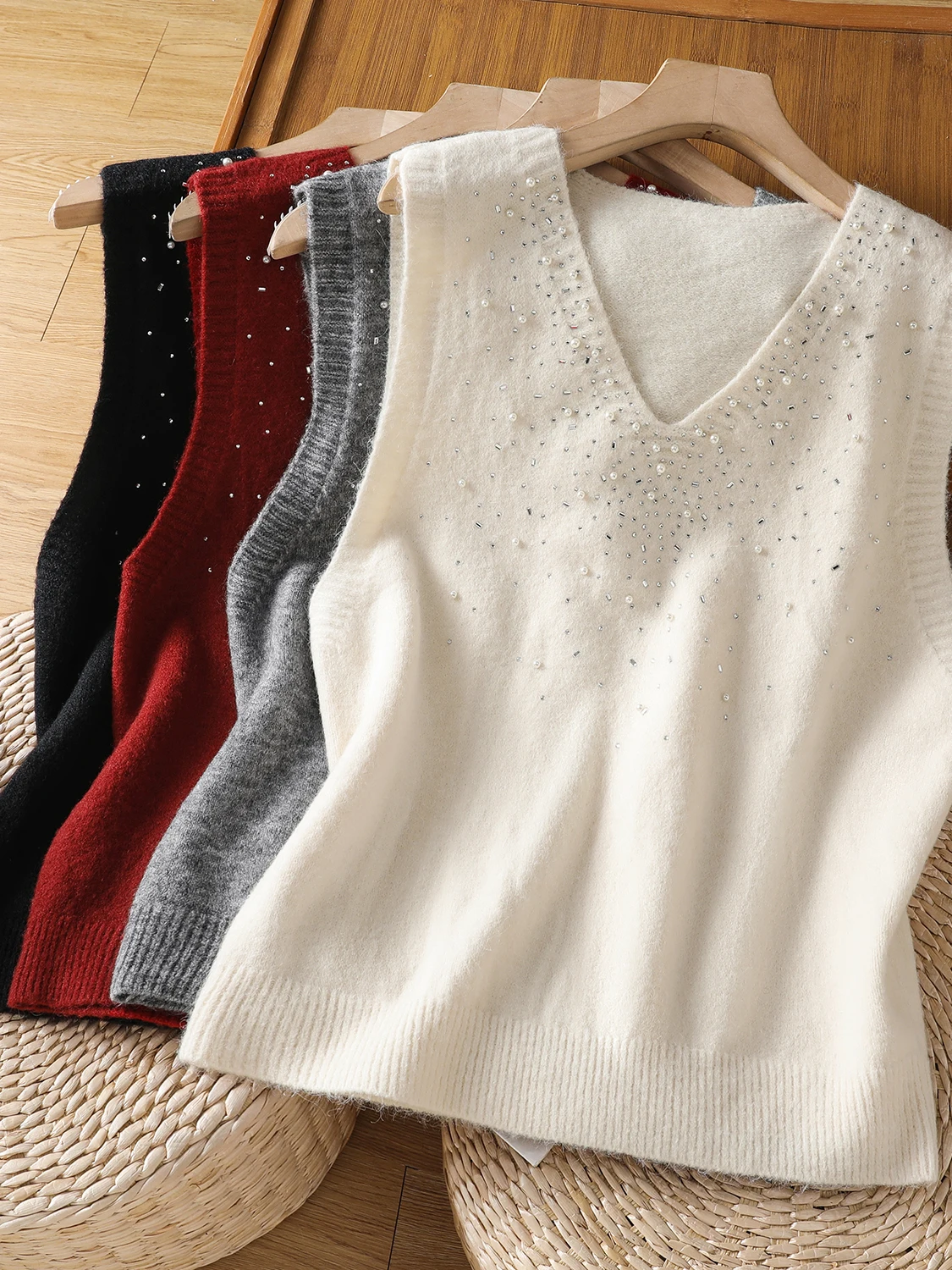 

Женский свободный вязаный жилет, топ, лето, осень-зима, модная верхняя одежда, повседневный универсальный свитер с жемчугом и стразами