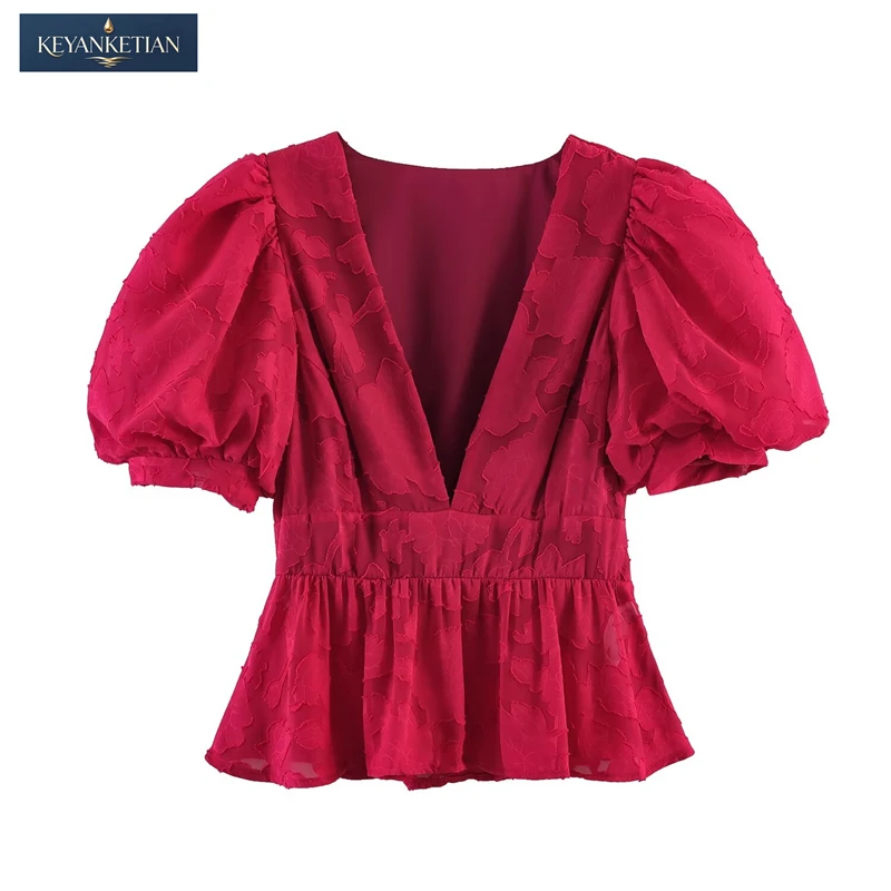 

KEYANKETIAN 2026 Coquette Romantic Floral Peplum Top Slim Fit Deep V Neck, Puff Short Sleeve Raised Floral Jacquard Shirt