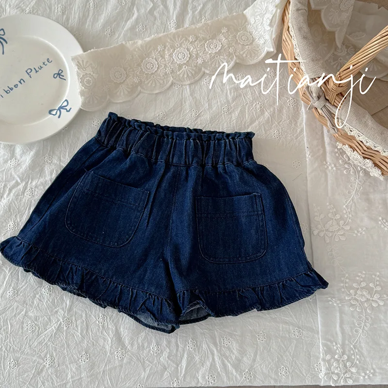 

2025 Summer New Children Denim Shorts Solid Girls Cute Lace Casual Pants Baby Shorts Girls Fashion Short Jeans Kids Clothes