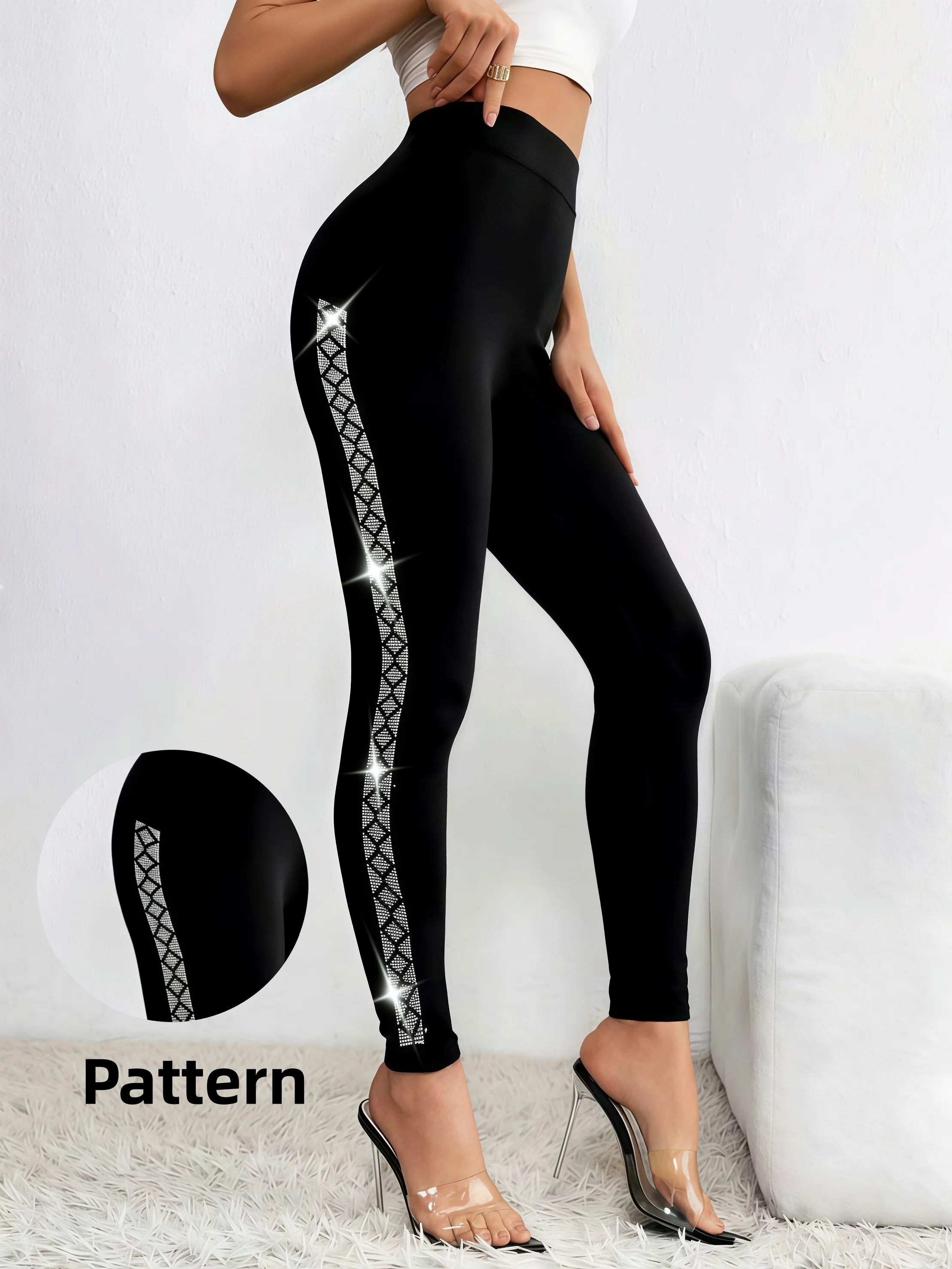 Women's High Waist Rhinestone Decor Leggings Stretch Slim Fit Sparkly Side Diamond Pattern Pants For Daily Wear