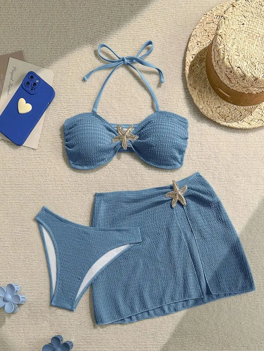 

Textured Bandeau Bikini Set With Mini Skirt For Women Beach Vacation Outfit