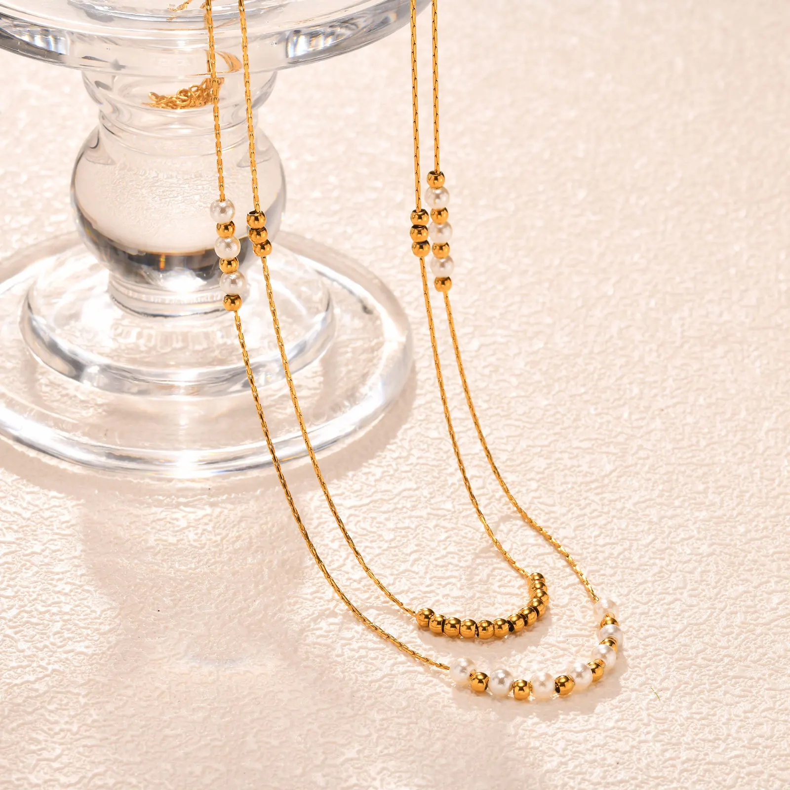 Beaded Stackable Chain Necklace, Stainless Steel Clavicle Multilayer Chain Pearl Jewelry for Women Christmas Gifts