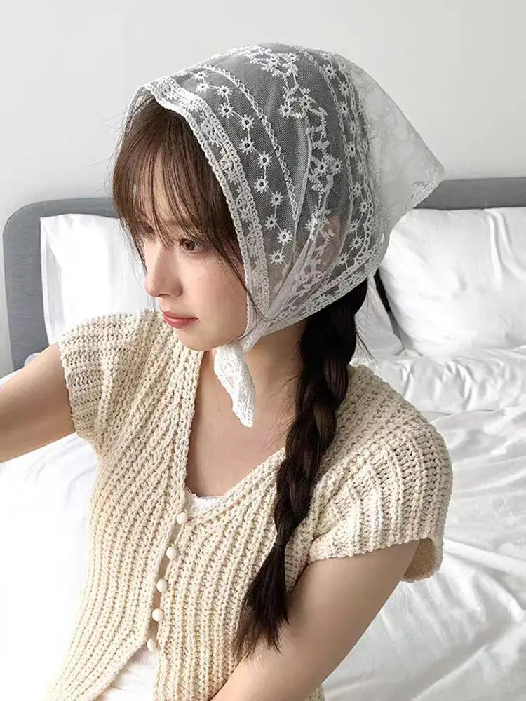 

French Lace Triangle Scarf Summer Sweet Girls Silk Scarf Vintage Scarf For Muslim Women Chiffon Hijab Hair Accessories For Women