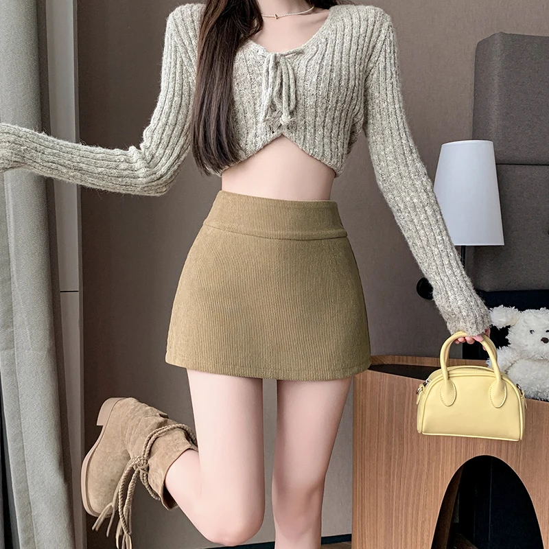 2024 Woman Clothing Corduroy Murad Shorts Women High Waist Solid A Line Sexy Korean Streetwear Woolen Cloth Leg Suit Skirts