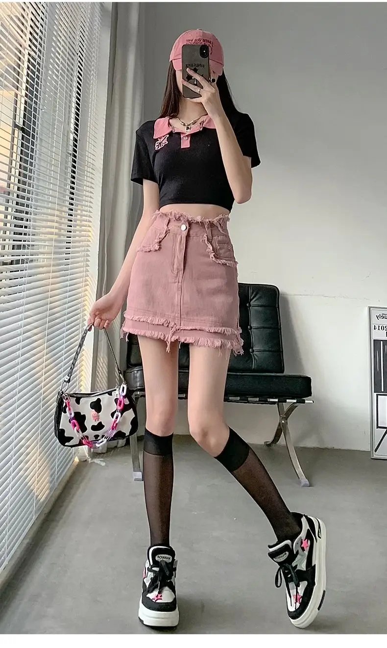 Korean Version Of Sakura Pink Hot Skirt Women'S Summer High Waist Slim Hairy Hip-Packing A-Line Skirt Prevents Exposure