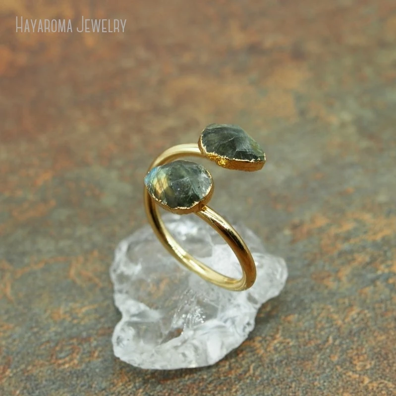 12Pcs Gold Color Double Triangle Gemstone Natural Stone Labradorite Statement Ring Women Boho Jewelry