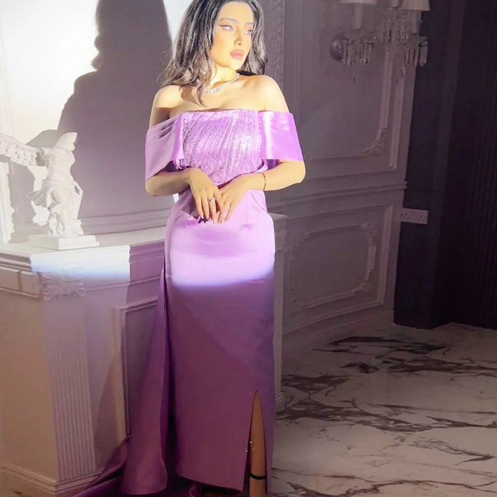 Honeyed Boat Neck 2023 Satin Of The Bride Dresses Purple Beading Women Guests Elegant Evening Prom Dress Plus Size Party Gown