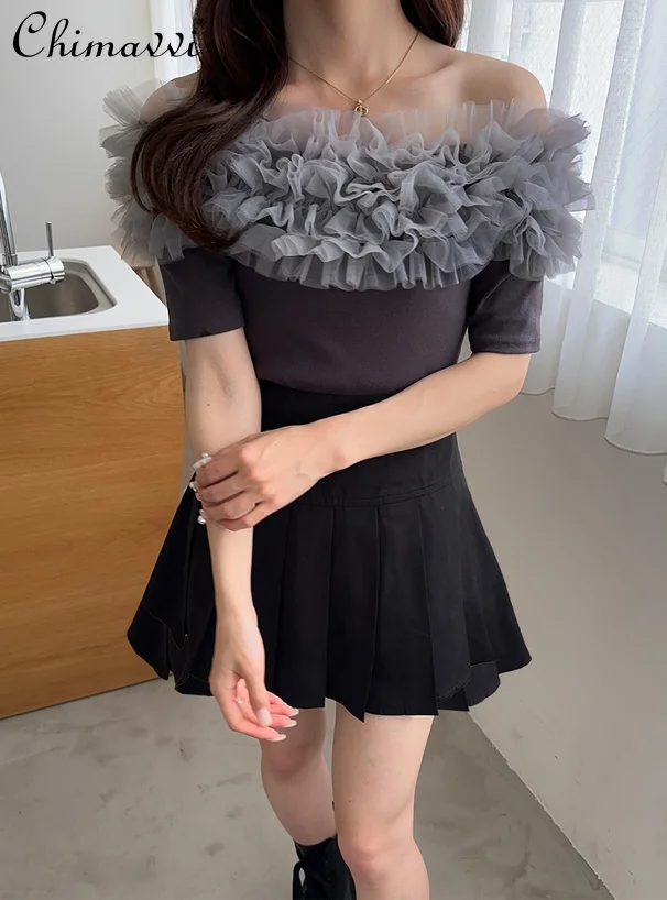 

New 2024 Summer Japanese Sweet Girls All-Matching T-shirt for Women Tulle Ruffled Stitching Off-Shoulder Short Knitted Tops