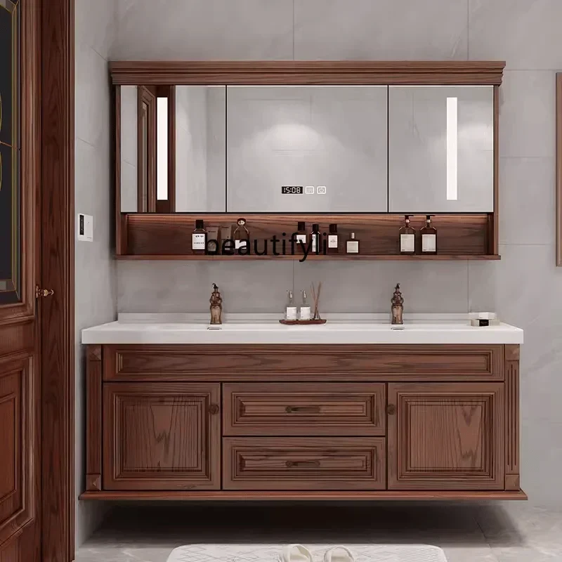 

smt03 New Arrivals American Red Oak Integrated Ceramic Basin Bathroom Cabinet Solid Wood Wash Basin Cabinet Smart Bathroom Wall