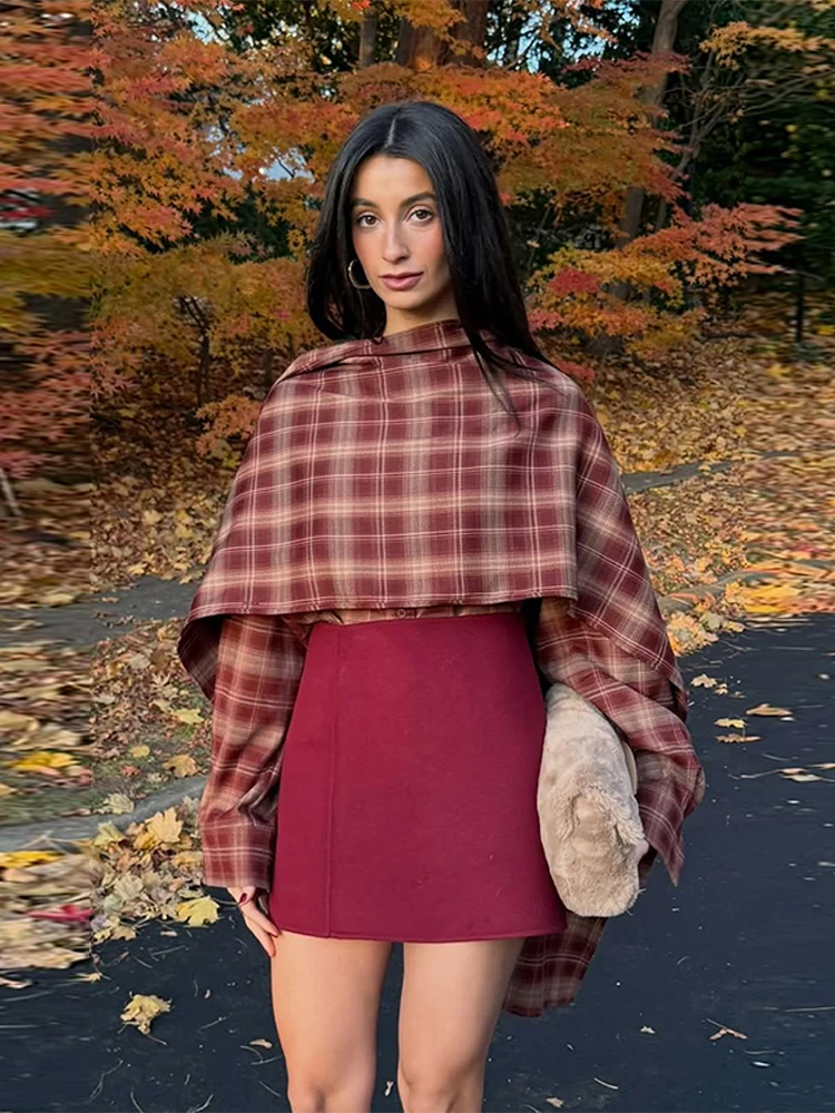 Moda cachecol gola xadrez jaqueta feminina casual manga cheia solta curto xale manto casacos 2026 senhora diariamente high street outerwear