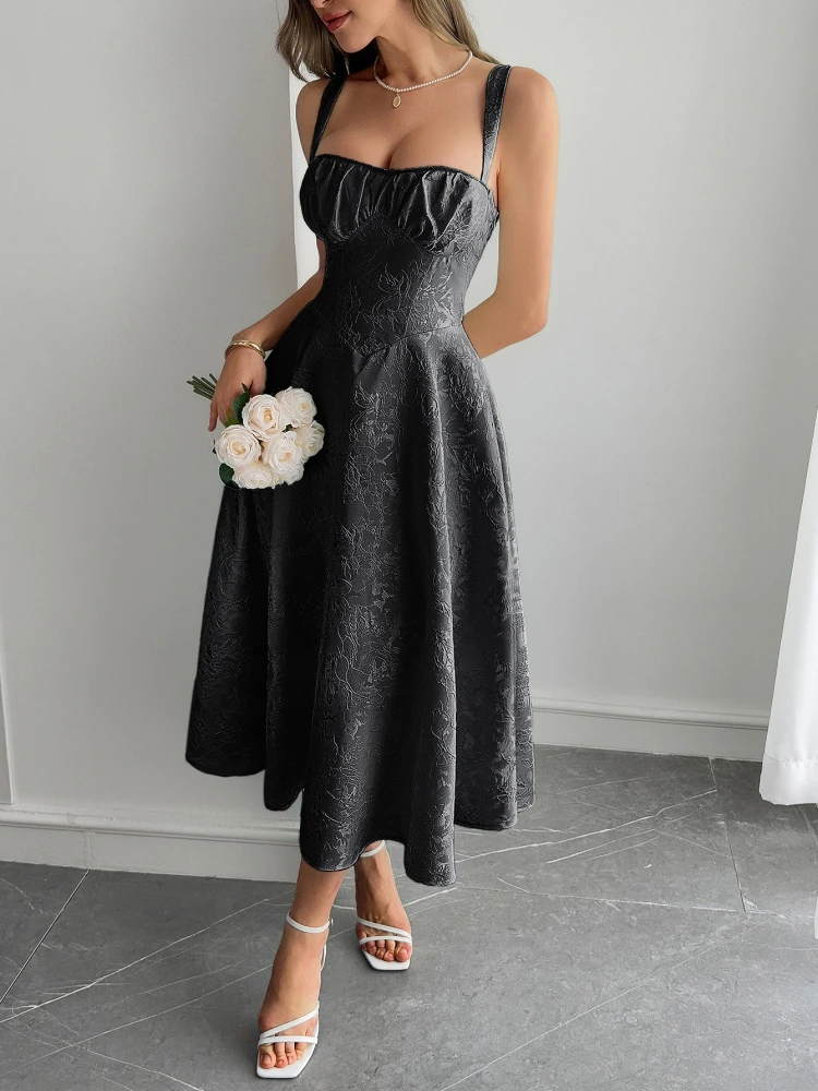 Women's Elegant Jacquard Spaghetti Strap Maxi Dress Classy Boho Chic Evening Gown with Floral Embroidery & Slit Beach Wedding